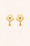 Traditional Jaali Fan-Shape Gold-Tone Earrings with Ruby Drop