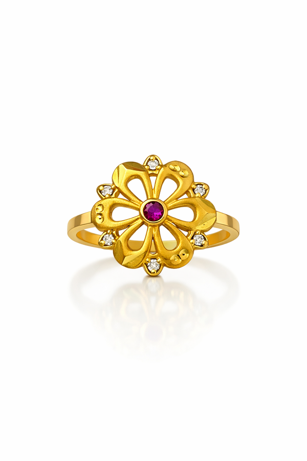 Traditional Floral Gold Plated Ruby Stone Ring