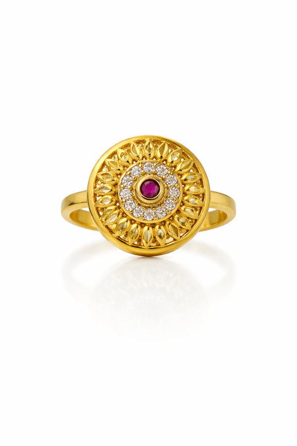 Traditional Round Floral Gold Plated Ruby Stone Ring