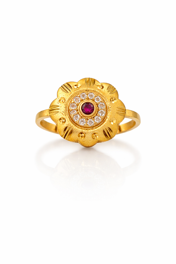 Classic Floral Gold Plated Ruby Stone Ring