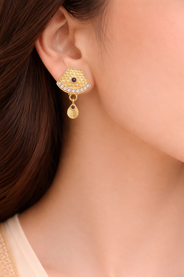 Traditional Jaali Fan-Shape Gold-Tone Earrings with Ruby Drop