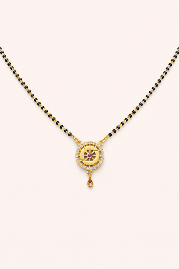 Designer Circular Gold-Tone Mangalsutra with Ruby Drop