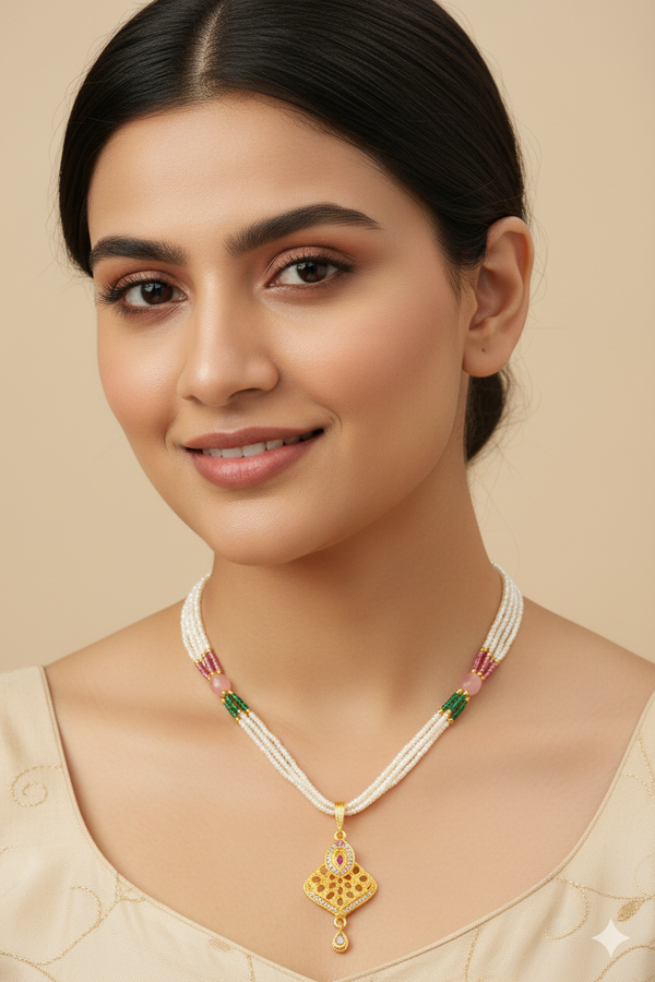 Traditional Pearl Beads Lotus Pendant Necklace