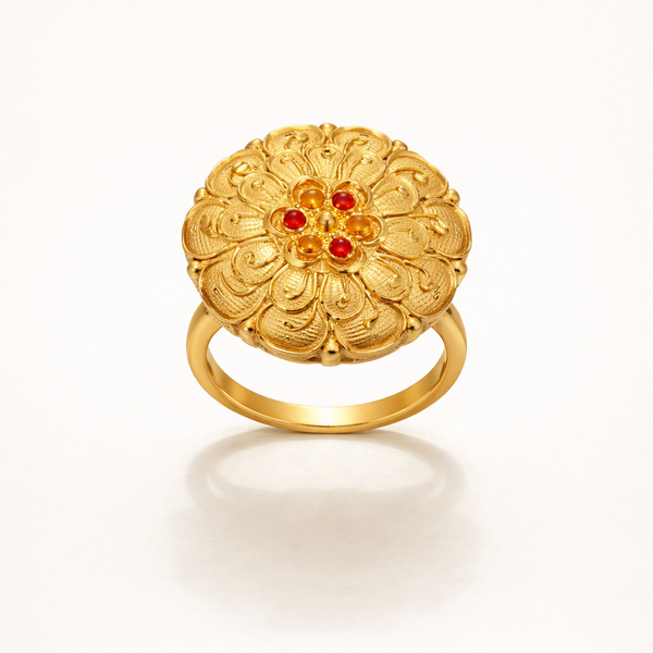 Jodha Ring β Royal Gold Finish Floral Ring with Red Stones