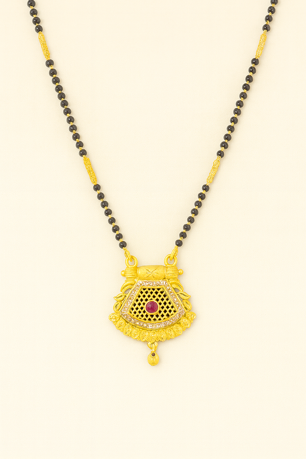 Traditional Jaali Gold-Tone Mangalsutra with Ruby Stone