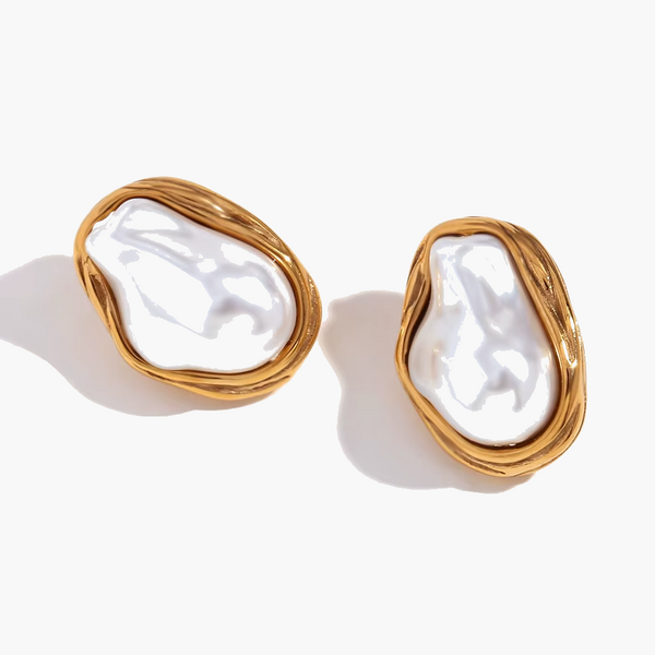 Baroque Pearl Stud Earrings with Gold-Toned