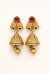 Traditional Gold Finish Jhumka Earrings with Red & Green Stones