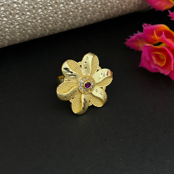 Blooming Floral Gold-Plated Ring with Ruby Center