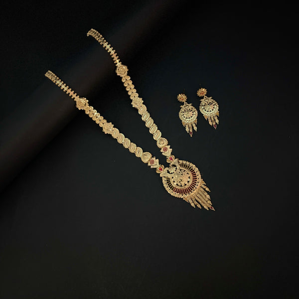 Traditional Gold Plated Long Necklace Set with Earrings