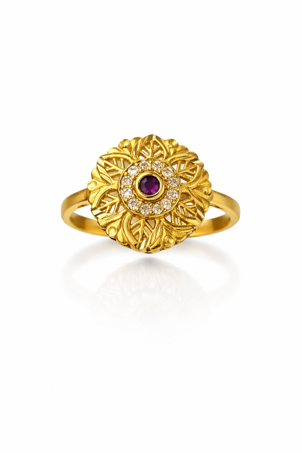 Royal Leaf Floral Gold Plated Ruby Stone Ring