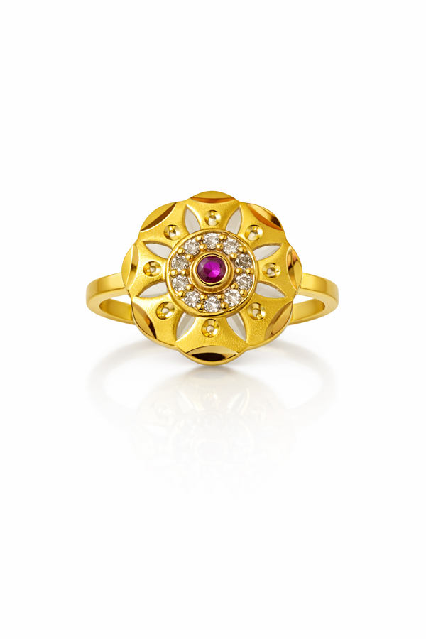 Sun Bloom Floral Gold Plated Ruby Stone Ring
