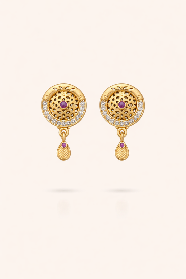 Traditional Jaali Gold-Tone Earrings with Ruby Drop