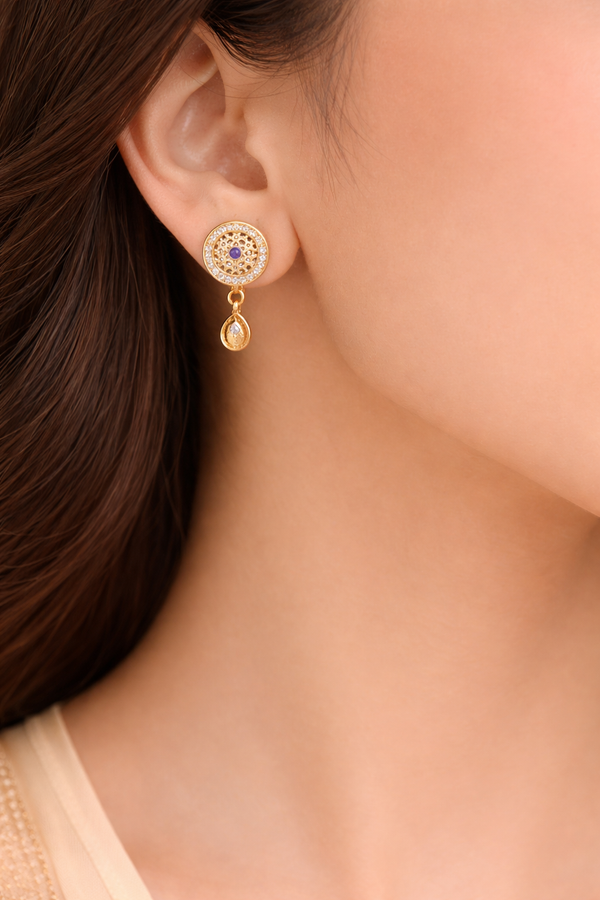 Traditional Jaali Gold-Tone Earrings with Ruby Drop