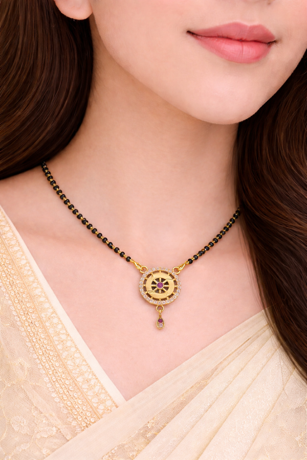 Designer Circular Gold-Tone Mangalsutra with Ruby Drop