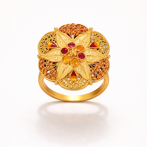 Jodha Ring – Royal Gold Finish Floral Ring with Red Stones