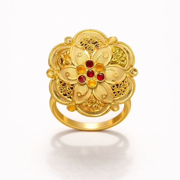 Jodha Ring – Royal Gold Finish Floral Ring with Red Stones
