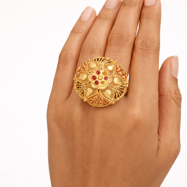 Jodha Ring – Royal Gold Finish Floral Ring with Red Stones