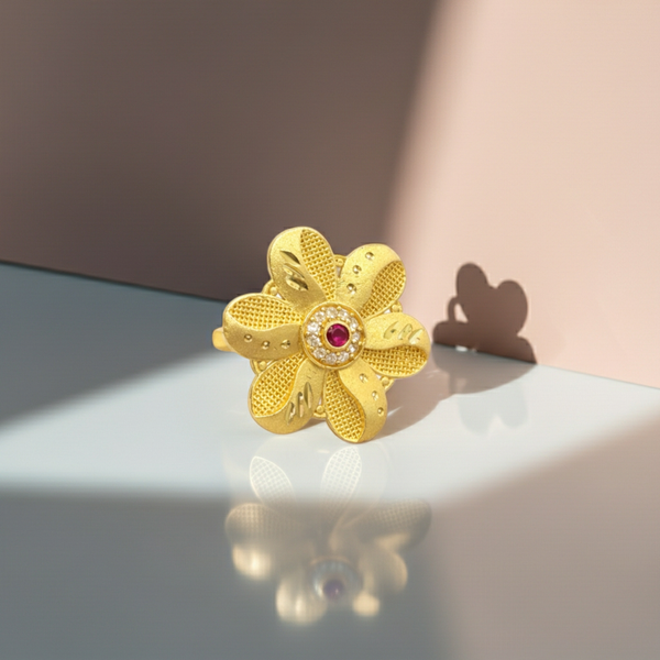 Blooming Floral Gold-Plated Ring with Ruby Center