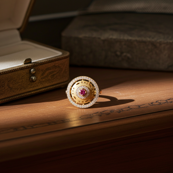 Celestial Ruby Disc Gold-Plated Designer Ring