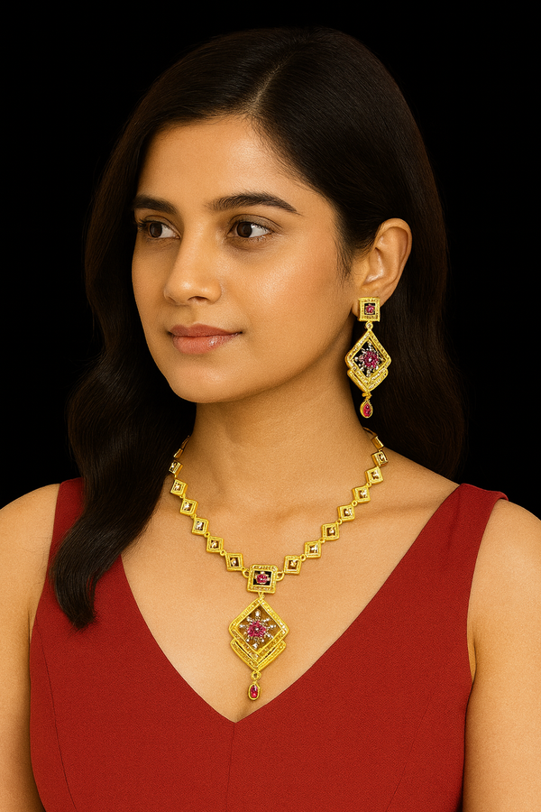 Royal Geometric Gold-Tone Designer Necklace Set