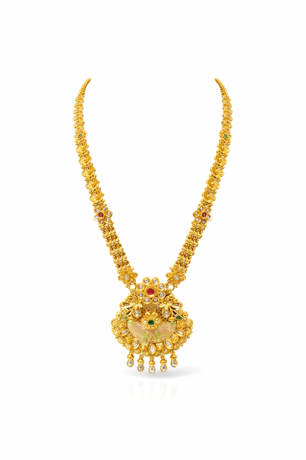 Rajwadi Gold Finish Necklace Set with Red, Green & Kundan Work (6 Months Polish Warranty)