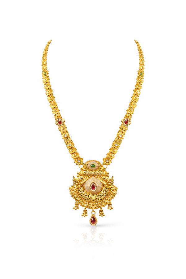 Royal Rajwadi Gold Finish Necklace with Antique Carving & Stone Work (6 Months Polish Warranty)