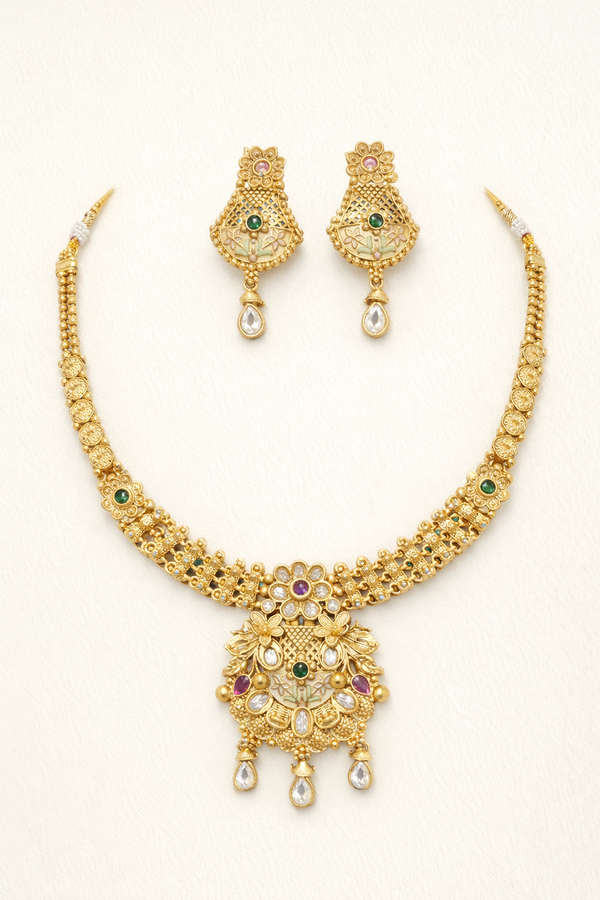 Rajwadi Gold Finish Necklace Set with Matching Earrings & Stone Work
