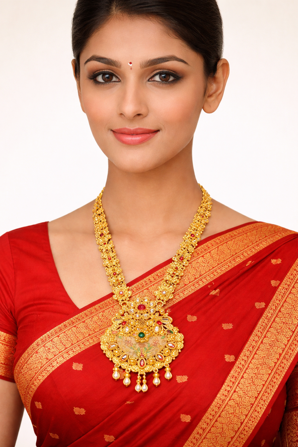 Rajwadi Gold Finish Necklace Set with Red, Green & Kundan Work (6 Months Polish Warranty)