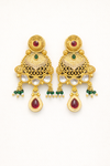 Traditional Gold Finish Chandbali Earrings with Red, Green & White Stones