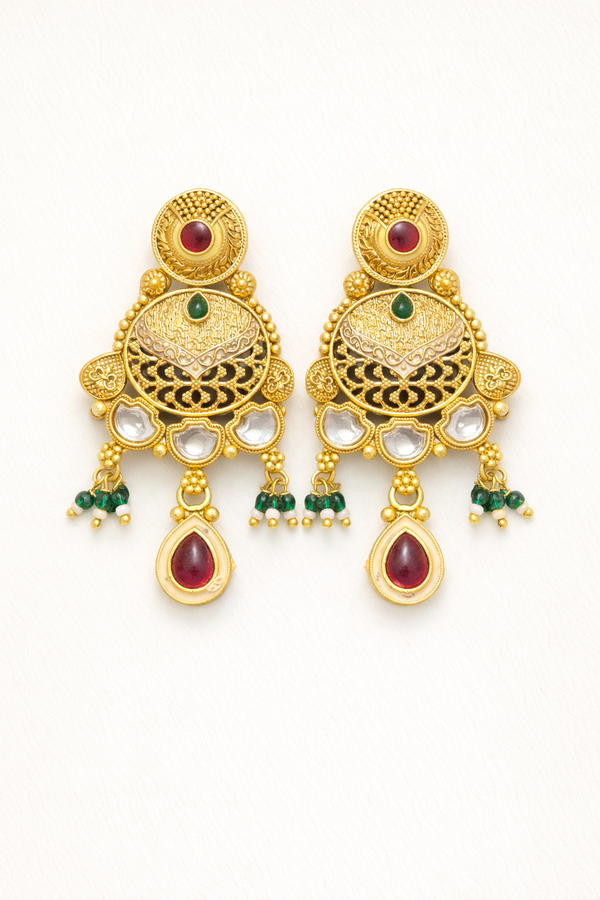 Traditional Gold Finish Chandbali Earrings with Red, Green & White Stones